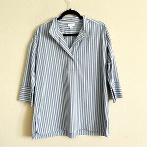 J. Jill woman’s Blue Striped Shirt M contemporary lagenlook crossover neckline